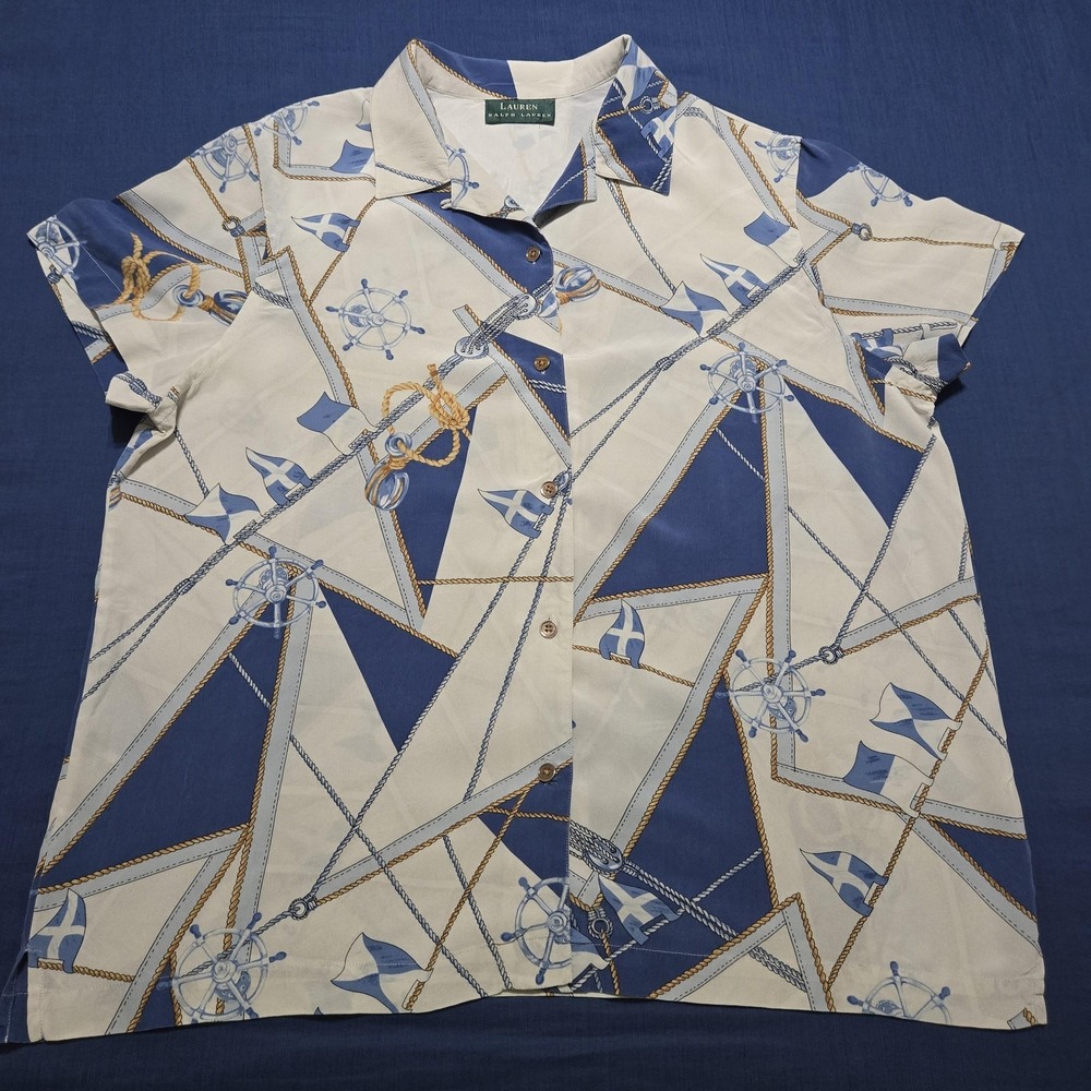 Lauren Ralph Lauren Silk Nautical Rope Sailboat Print Button Shirt Women L Prep